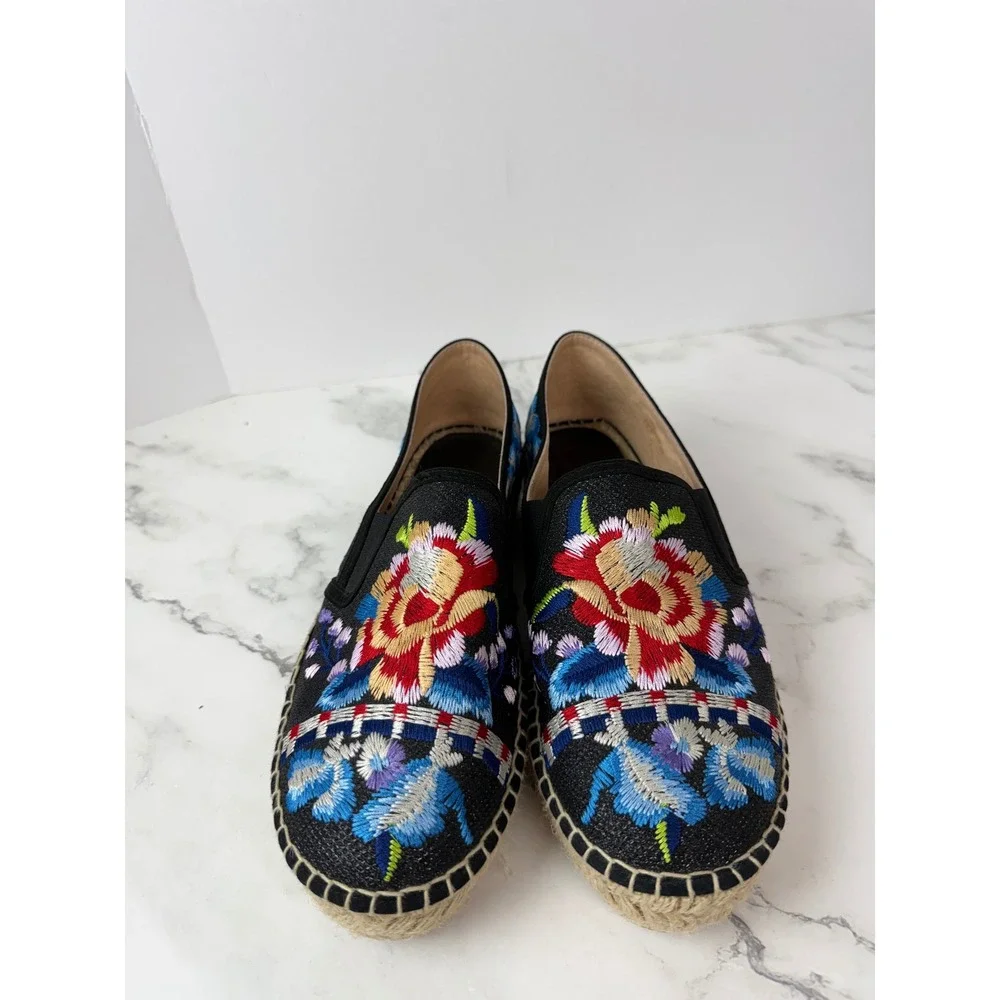 Johnny Was Cooper Embroidered Espadrilles Sz 9 Womens Black Floral